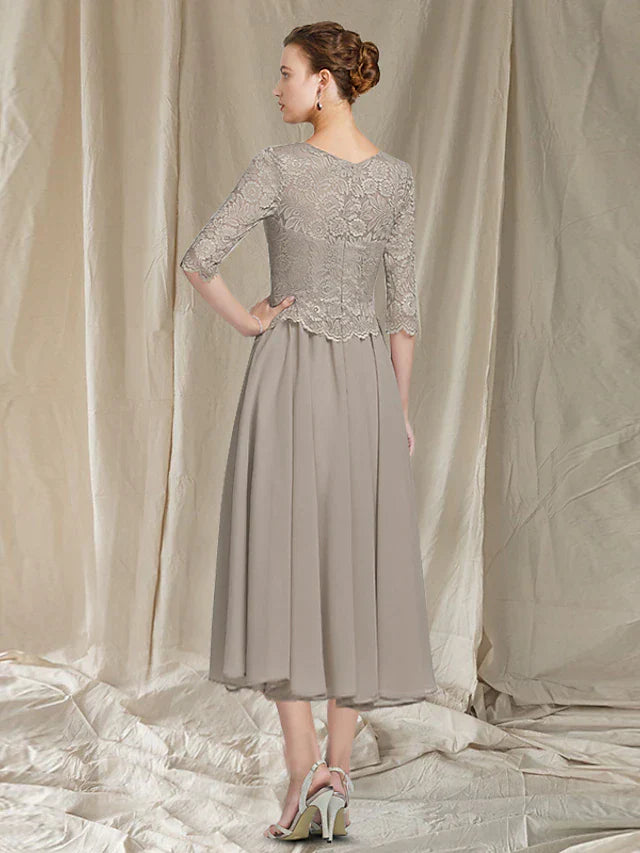 Two Piece A-Line Mother of the Bride Dress Church Elegant Jewel Neck Tea Length Chiffon Lace Half Sleeve Jacket Dresses with Appliques