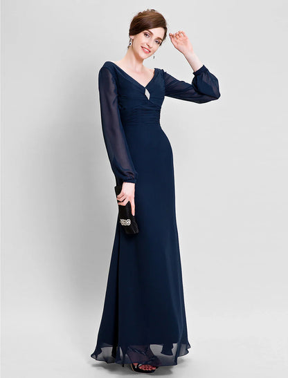 Aimishang Sheath / Column Mother of the Bride Dress Open Back V Neck Floor Length Chiffon Long Sleeve No with Ruched Draping Crystal Brooch