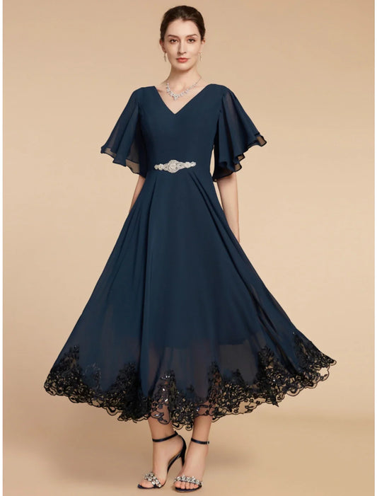 Aimishang A-Line Mother of the Bride Dress Wedding Guest Elegant Vintage V Neck Ankle Length Chiffon Lace Short Sleeve with Crystal Brooch Ruching Solid Color
