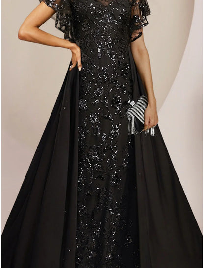 Aimishang  A-Line Mother of the Bride Dress Wedding Guest Elegant Scoop Neck Floor Length Chiffon Lace Sequined Short Sleeve with Sequin Ruching Solid Color