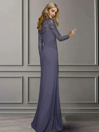 Sheath / Column Mother of the Bride Dress Elegant Square Neck Sweep / Brush Train Chiffon Lace Long Sleeve with Appliques