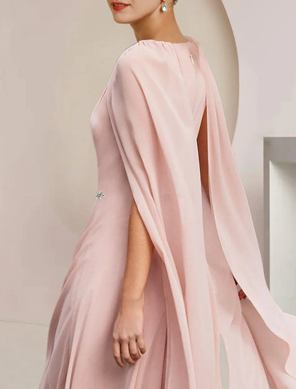 A-Line Mother of the Bride Dress Wedding Guest Party Elegant Scoop Neck Tea Length Chiffon Sleeveless with Pleats Crystal Brooch