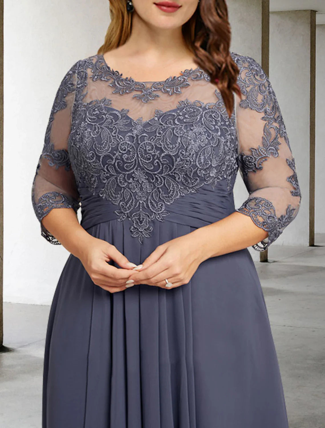 Aimishang A-Line Mother of the Bride Dresses Plus Size Hide Belly Curve Elegant Fall Wedding Guest Dress Formal Asymmetrical 3/4 Length Sleeve Jewel Neck Chiffon with Pleats Ruched Appliques