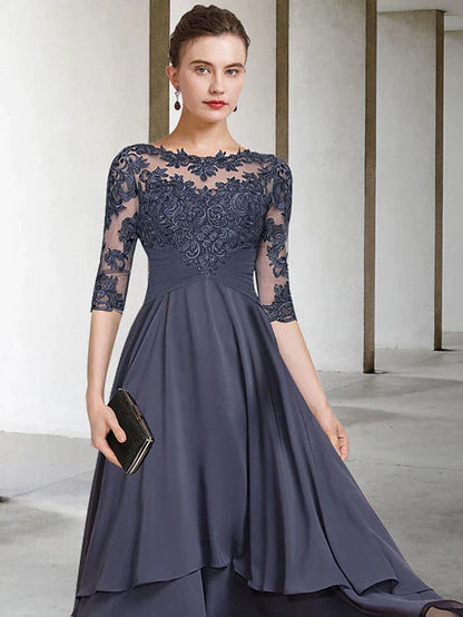 A-Line Mother of the Bride Dress Plus Size Elegant High Low Jewel Neck Asymmetrical Tea Length Chiffon Lace Short Sleeve with Ruched Beading Appliques