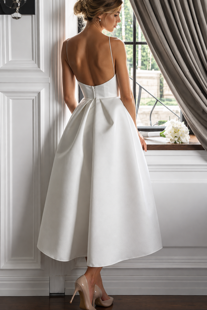 Unique Tea Length Satin Party Spaghetti Straps Backless Prom Dress