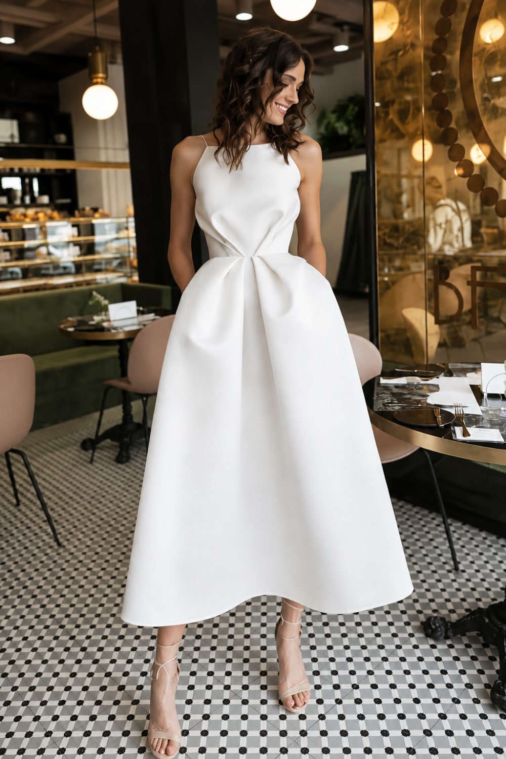 Unique Tea Length Satin Party Spaghetti Straps Backless Prom Dress