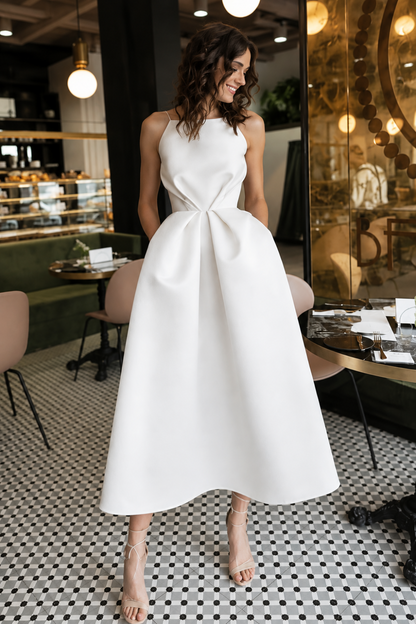 Unique Tea Length Satin Party Spaghetti Straps Backless Prom Dress