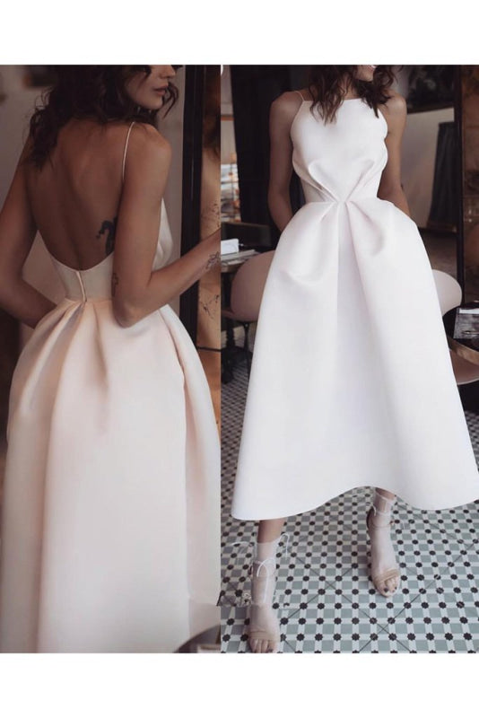 Unique Tea Length Satin Party Spaghetti Straps Backless Prom Dress