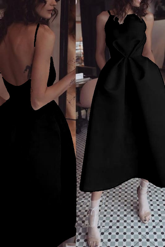 Unique Tea Length Satin Party Spaghetti Straps Backless Prom Dress