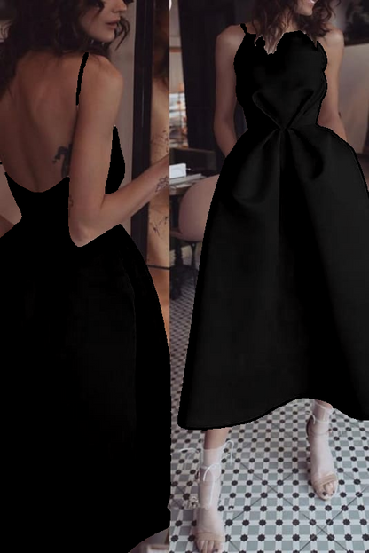 Unique Tea Length Satin Party Spaghetti Straps Backless Prom Dress