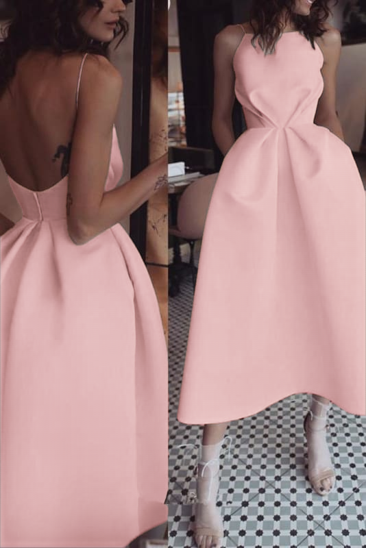 Unique Tea Length Satin Party Spaghetti Straps Backless Prom Dress