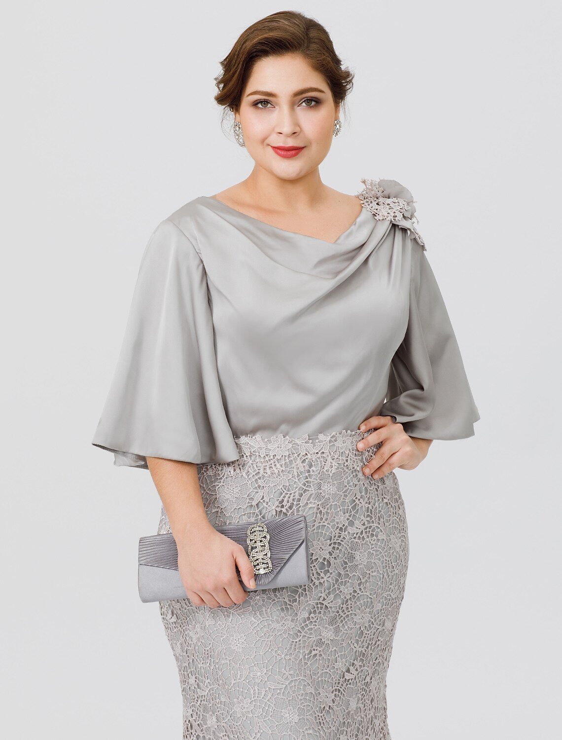Aimishang Mermaid / Trumpet Mother of the Bride Dress Plus Size Sexy Cowl Neck Sweep / Brush Train Satin Chiffon Lace Over Satin Half Sleeve No with Appliques