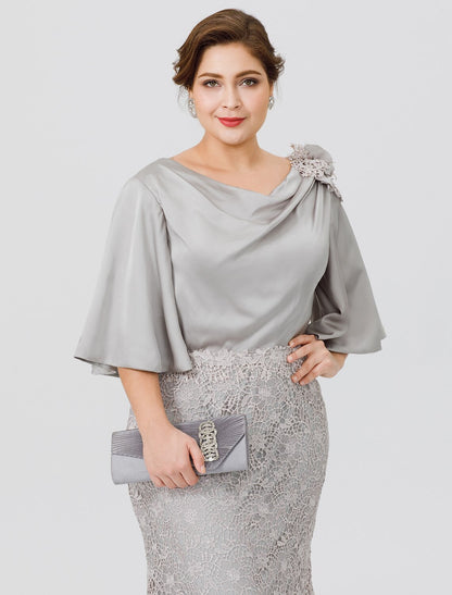 Aimishang Mermaid / Trumpet Mother of the Bride Dress Plus Size Sexy Cowl Neck Sweep / Brush Train Satin Chiffon Lace Over Satin Half Sleeve No with Appliques