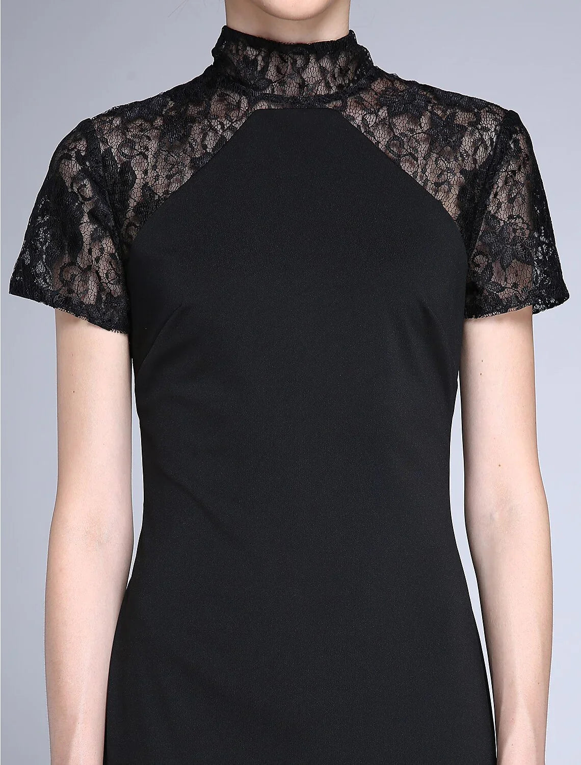 Mermaid / Trumpet Mother of the Bride Dress Vintage Inspired High Neck Sweep / Brush Train Lace Jersey Short Sleeve No with Lace