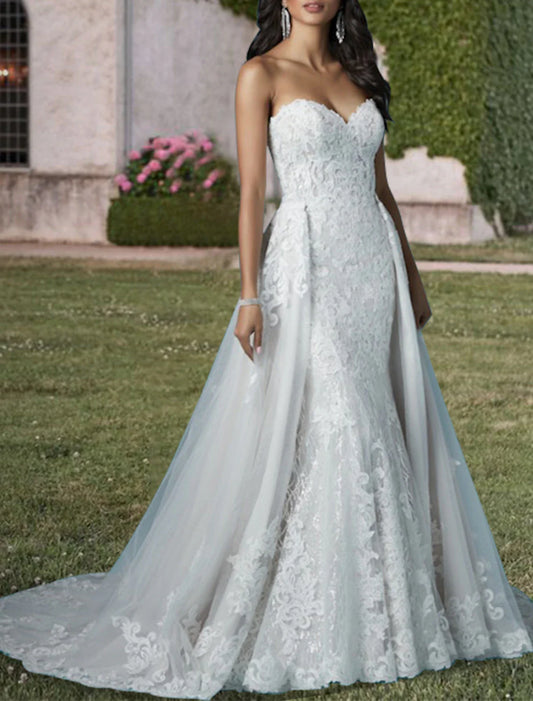 Aimishang Engagement Formal Wedding Dresses Two Piece Sweetheart Strapless Court Train Lace Bridal Gowns With Sequin Appliques