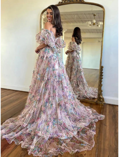 Aimishang A-Line Prom Dresses Floral Dress Wedding Guest Quinceanera Floor Length Short Sleeve Sweetheart Tulle with Ruffles