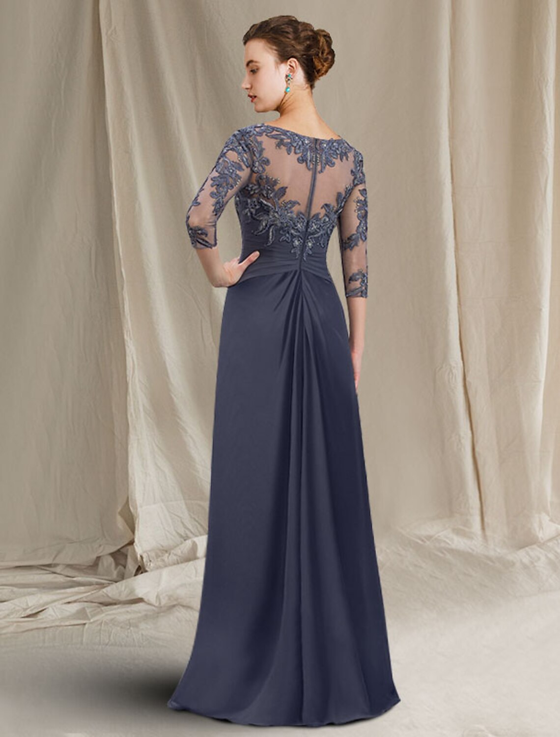 Aimishang Sheath / Column Mother of the Bride Dress Elegant Jewel Neck Floor Length Chiffon Lace 3/4 Length Sleeve with Appliques