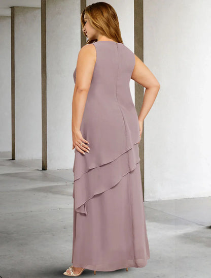 Aimishang  Two Piece A-Line Mother of the Bride Dresses Plus Size Hide Belly Curve Elegant Dress Formal Floor Length Sleeveless Jewel Neck Chiffon with Sequin Ruffles Appliques