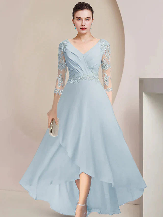 DingjiA-Line Mother of the Bride Dress Party Elegant V Neck Asymmetrical Lace Stretch Chiffon 3/4 Length Sleeve with Pleats Ruching