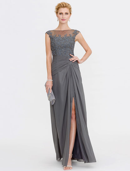 Aimishang A-Line Mother of the Bride Dress Wedding Guest Elegant See Through Bateau Neck Floor Length Chiffon Lace Sleeveless with Side Draping Fall