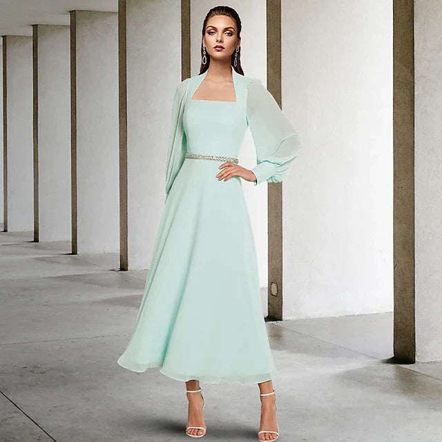 Two Piece A-Line Mother of the Bride Dress Church Elegant Square Neck Tea Length Chiffon Short Sleeve Wrap Included with Sash / Ribbon