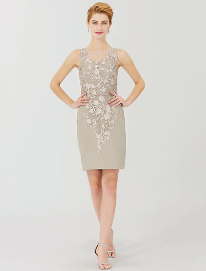 Aimishang  Sheath / Column Mother of the Bride Dress Formal Classic & Timeless Elegant & Luxurious Convertible Dress Illusion Neck Knee Length Chiffon All Over Lace Long Sleeve with Appliques