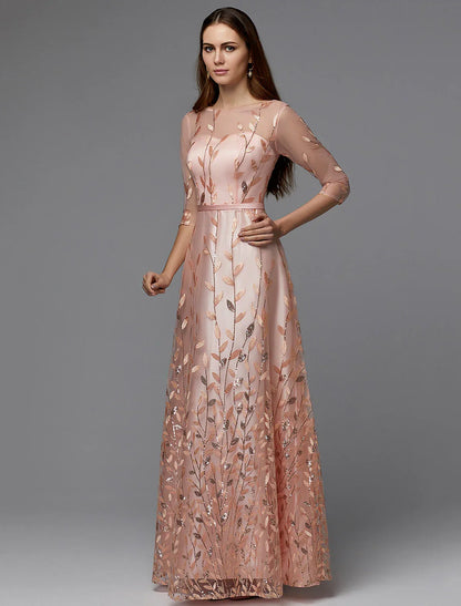 DingjiA-Line Floral Dress Valentine's Day Wedding Guest Floor Length 3/4 Length Sleeve Illusion Neck Bridesmaid Dress Lace with Pattern / Print Appliques