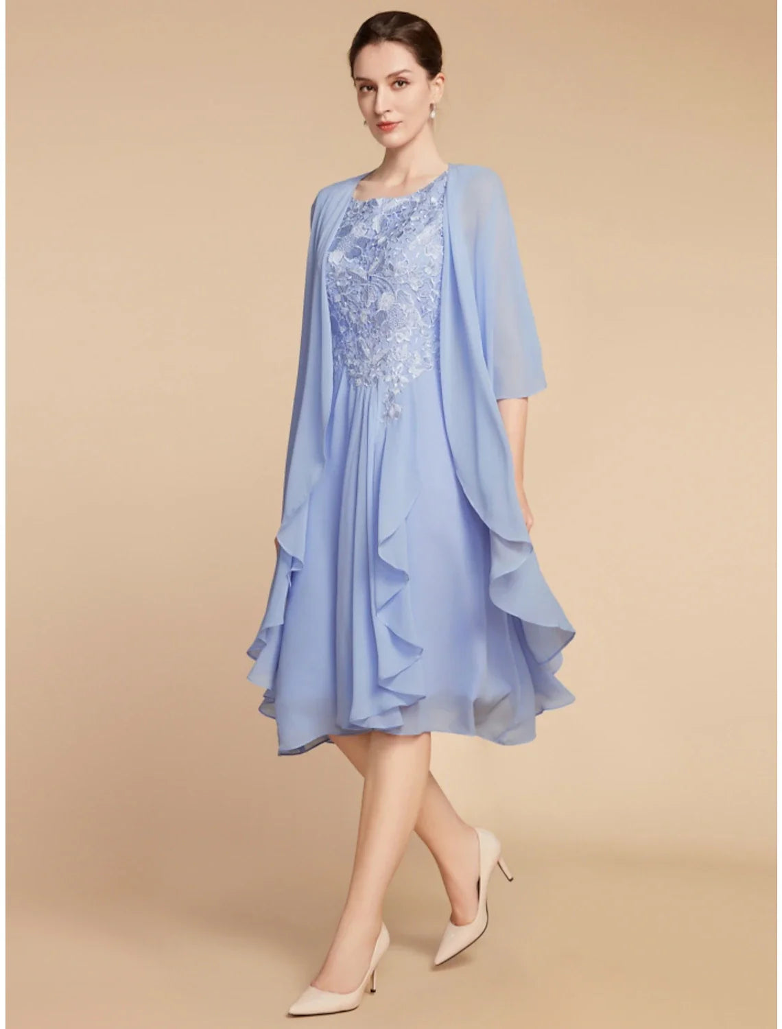 Aimishang  Two Piece Sheath / Column Mother of the Bride Dress Wedding Guest Elegant Petite Scoop Neck Knee Length Chiffon Lace Half Sleeve with Ruching Solid Color