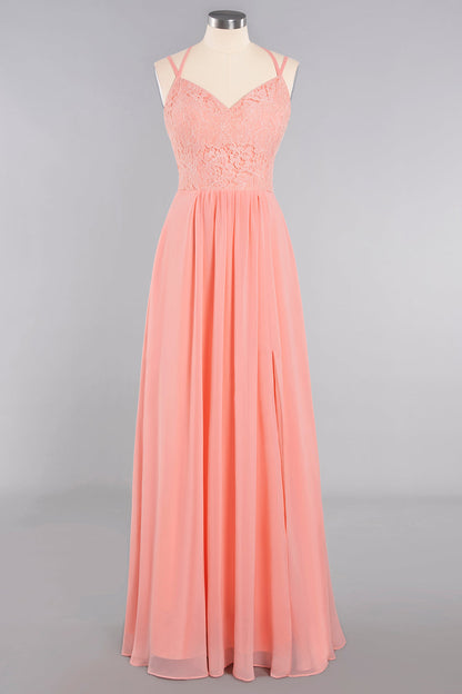 Modest Chiffon Bridesmaid Dress Aline V-neck Front Spit Lace Wedding Guest Dress Long