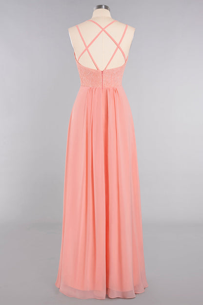 Modest Chiffon Bridesmaid Dress Aline V-neck Front Spit Lace Wedding Guest Dress Long