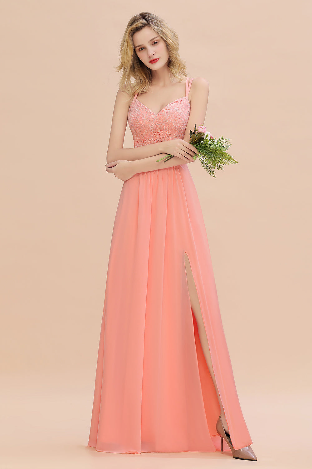 Modest Chiffon Bridesmaid Dress Aline V-neck Front Spit Lace Wedding Guest Dress Long