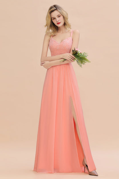 Modest Chiffon Bridesmaid Dress Aline V-neck Front Spit Lace Wedding Guest Dress Long
