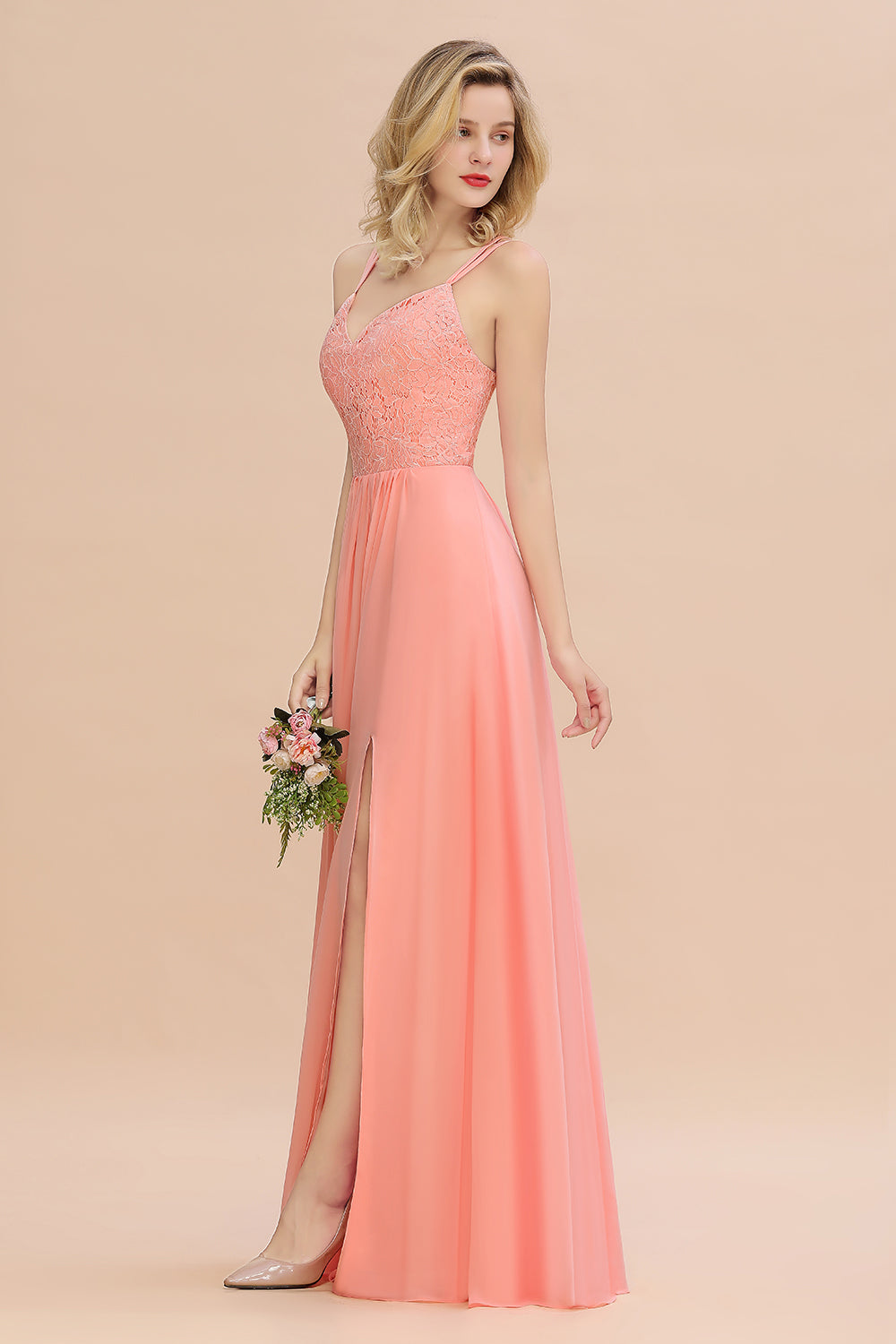 Modest Chiffon Bridesmaid Dress Aline V-neck Front Spit Lace Wedding Guest Dress Long