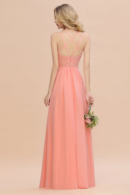 Modest Chiffon Bridesmaid Dress Aline V-neck Front Spit Lace Wedding Guest Dress Long