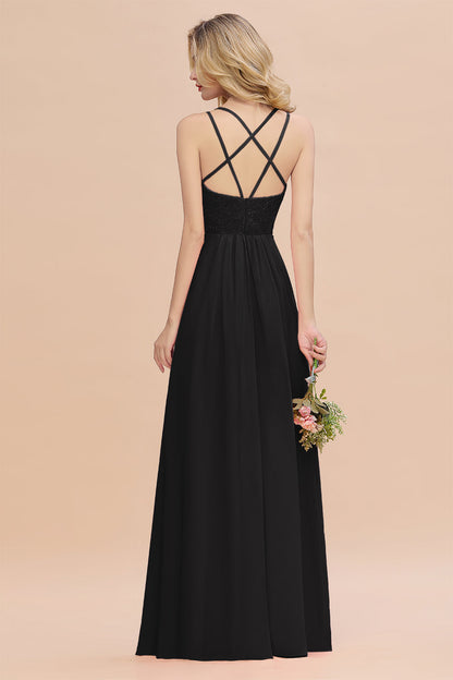 Modest Chiffon Bridesmaid Dress Aline V-neck Front Spit Lace Wedding Guest Dress Long