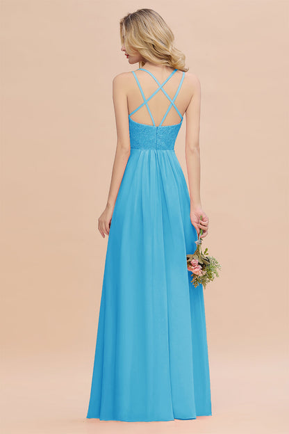 Modest Chiffon Bridesmaid Dress Aline V-neck Front Spit Lace Wedding Guest Dress Long
