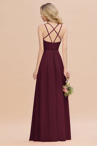 Modest Chiffon Bridesmaid Dress Aline V-neck Front Spit Lace Wedding Guest Dress Long