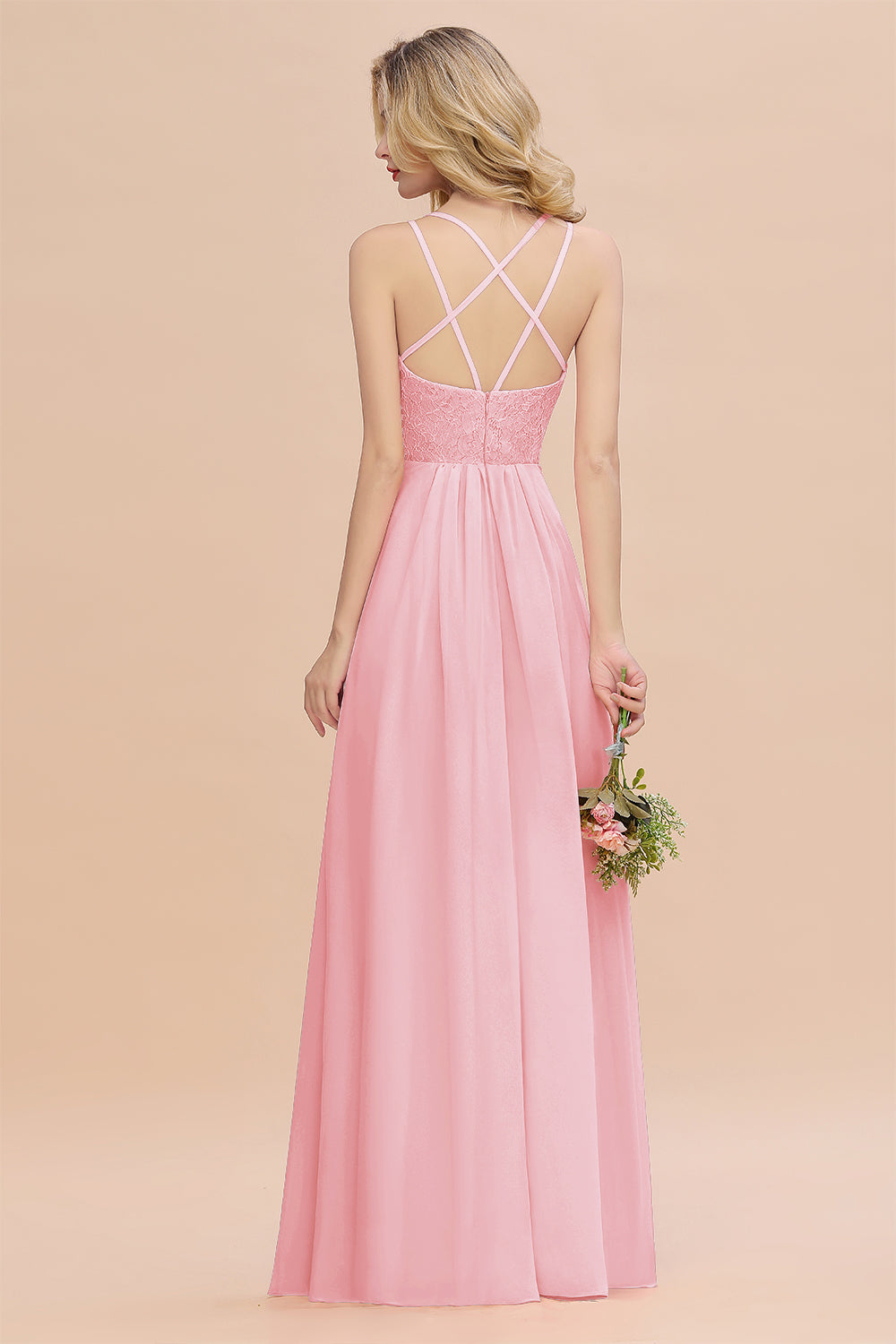 Modest Chiffon Bridesmaid Dress Aline V-neck Front Spit Lace Wedding Guest Dress Long