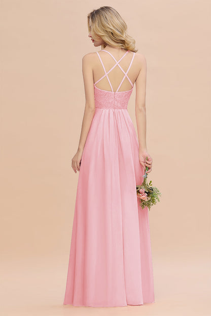 Modest Chiffon Bridesmaid Dress Aline V-neck Front Spit Lace Wedding Guest Dress Long