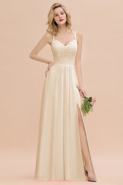 Modest Chiffon Bridesmaid Dress Aline V-neck Front Spit Lace Wedding Guest Dress Long