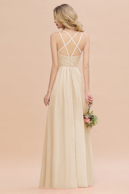 Modest Chiffon Bridesmaid Dress Aline V-neck Front Spit Lace Wedding Guest Dress Long