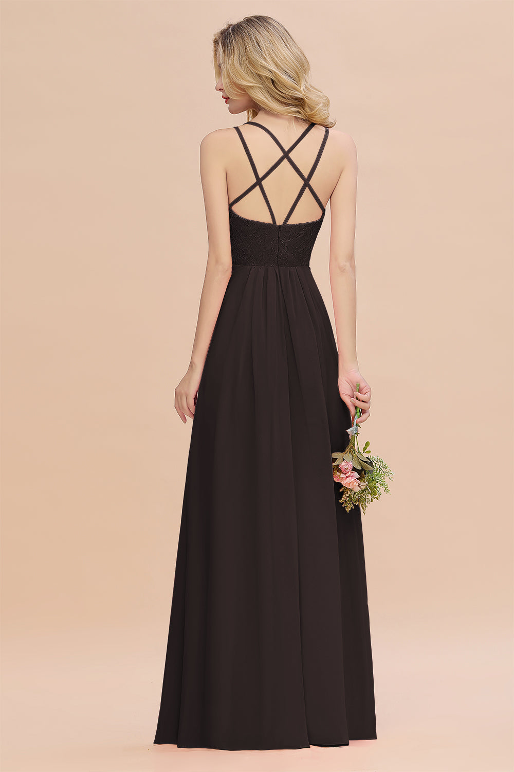 Modest Chiffon Bridesmaid Dress Aline V-neck Front Spit Lace Wedding Guest Dress Long