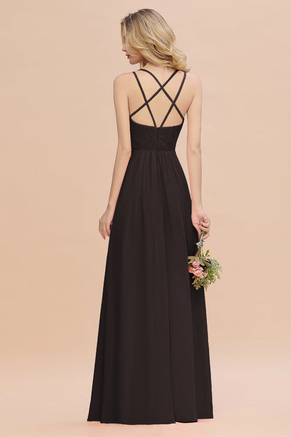Modest Chiffon Bridesmaid Dress Aline V-neck Front Spit Lace Wedding Guest Dress Long