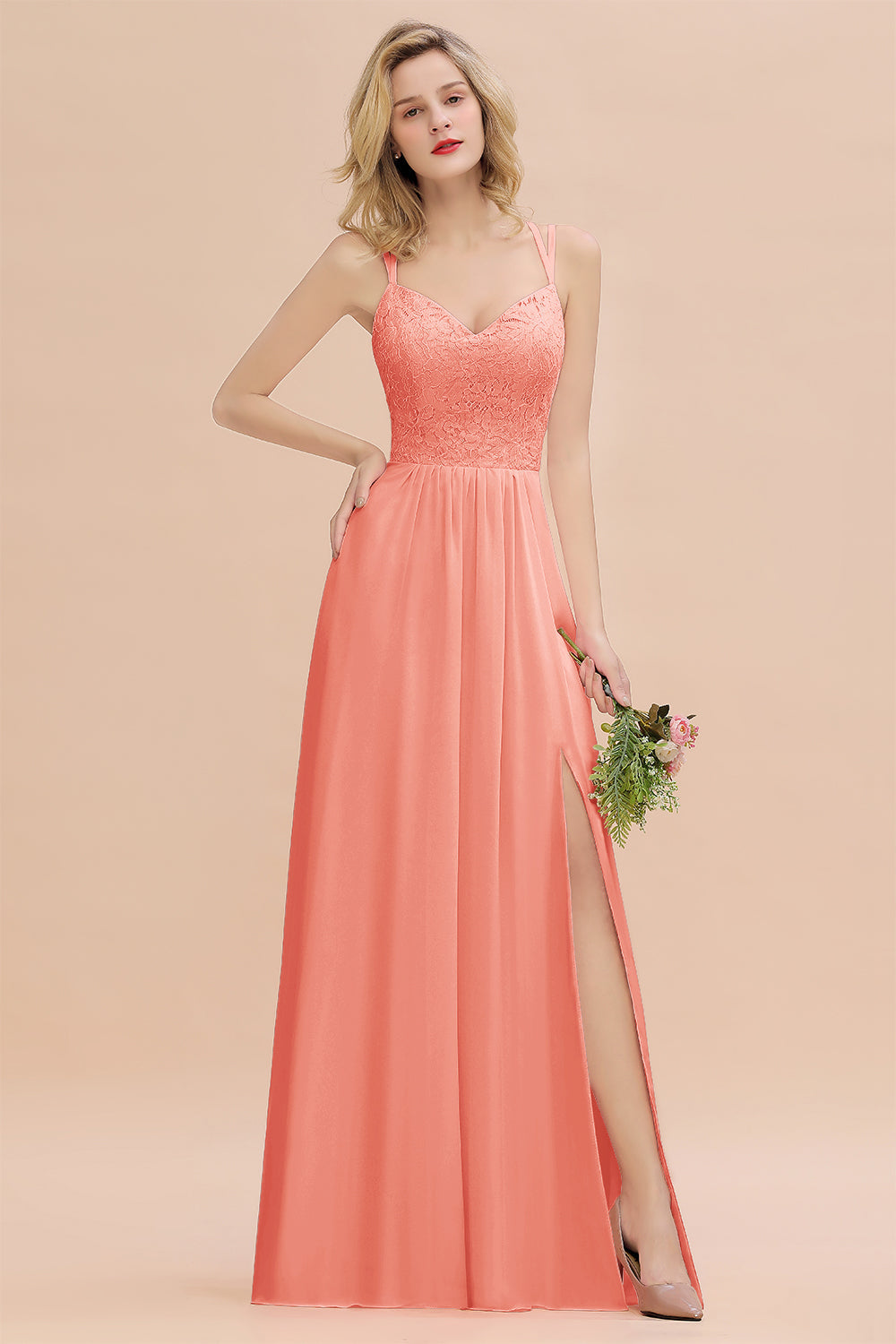 Modest Chiffon Bridesmaid Dress Aline V-neck Front Spit Lace Wedding Guest Dress Long