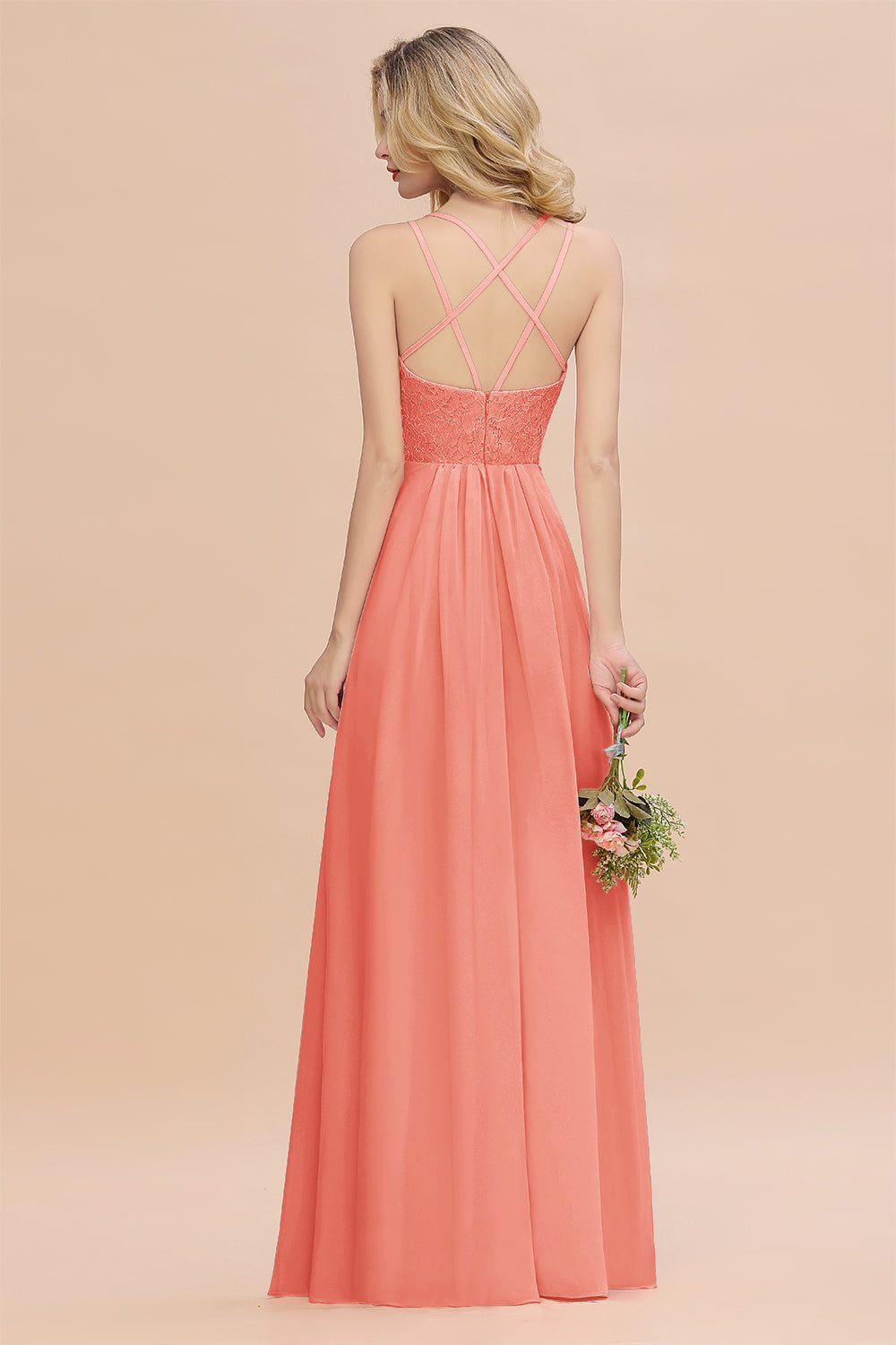 Modest Chiffon Bridesmaid Dress Aline V-neck Front Spit Lace Wedding Guest Dress Long