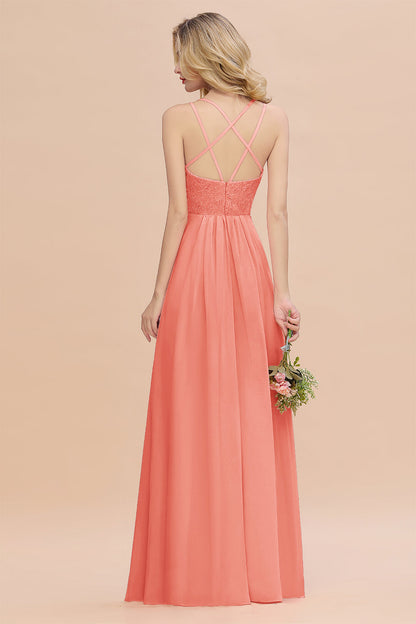 Modest Chiffon Bridesmaid Dress Aline V-neck Front Spit Lace Wedding Guest Dress Long