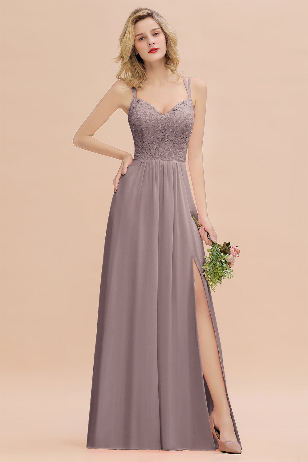 Modest Chiffon Bridesmaid Dress Aline V-neck Front Spit Lace Wedding Guest Dress Long