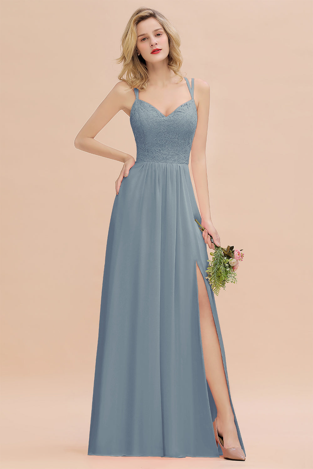 Modest Chiffon Bridesmaid Dress Aline V-neck Front Spit Lace Wedding Guest Dress Long