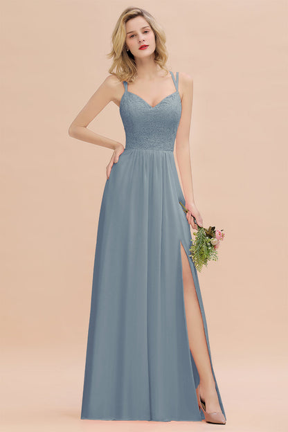 Modest Chiffon Bridesmaid Dress Aline V-neck Front Spit Lace Wedding Guest Dress Long