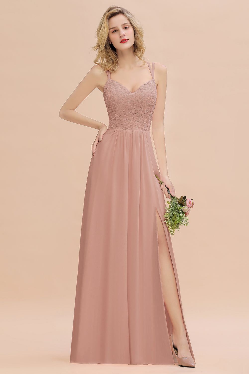 Modest Chiffon Bridesmaid Dress Aline V-neck Front Spit Lace Wedding Guest Dress Long